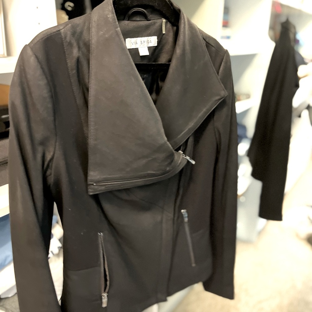 Via Spiga Asymmetrical Leather & Textile panel Jacket, size Small, black.